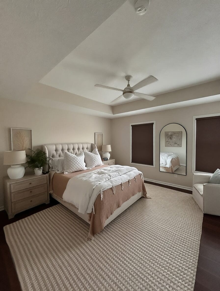 A bedroom has blackout shades on two windows.