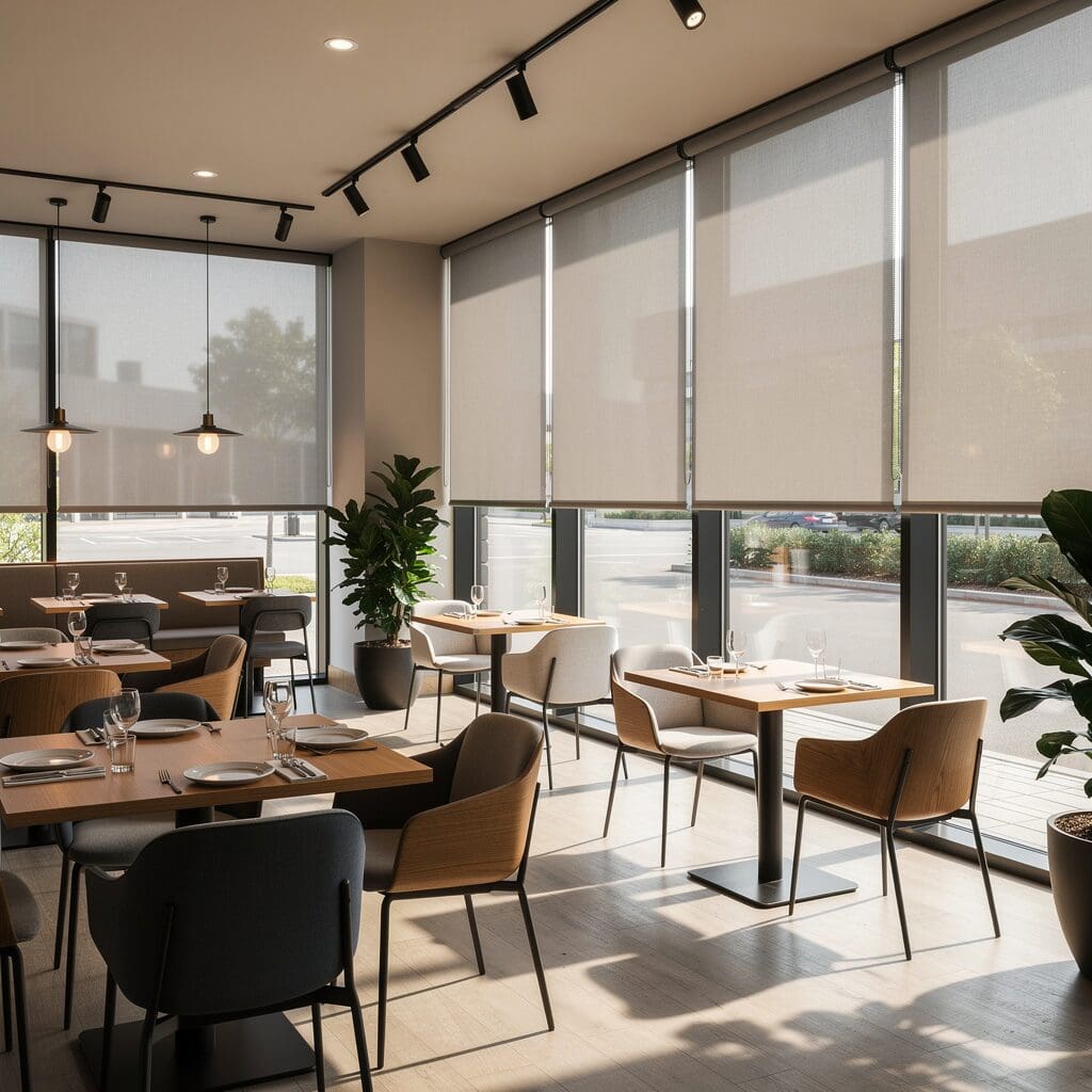 An empty restaurant is ready for early supper with solar shades on the windows. 