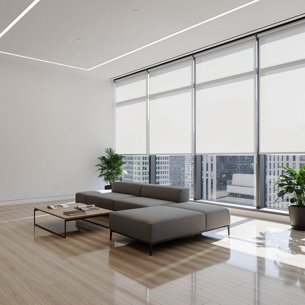 An open waiting room in an office building has roller shades to block glaring light. 