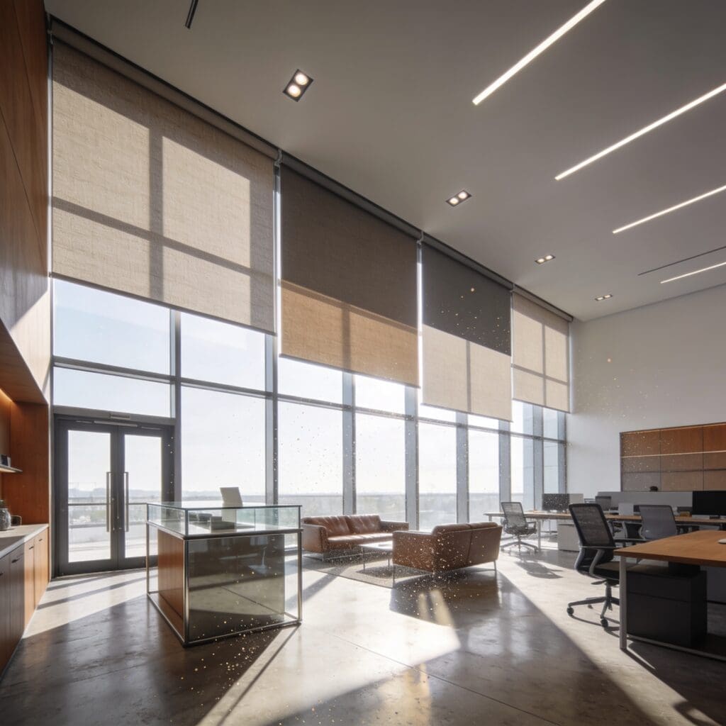 An office space in a highrise has sun glare with adjustable roller shades. 