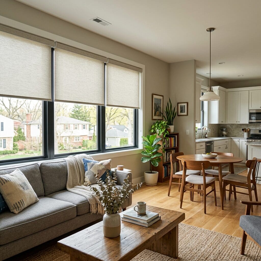InStyle Blinds IN - a cozy living room with attached dining room have cellular shades on the windows. 