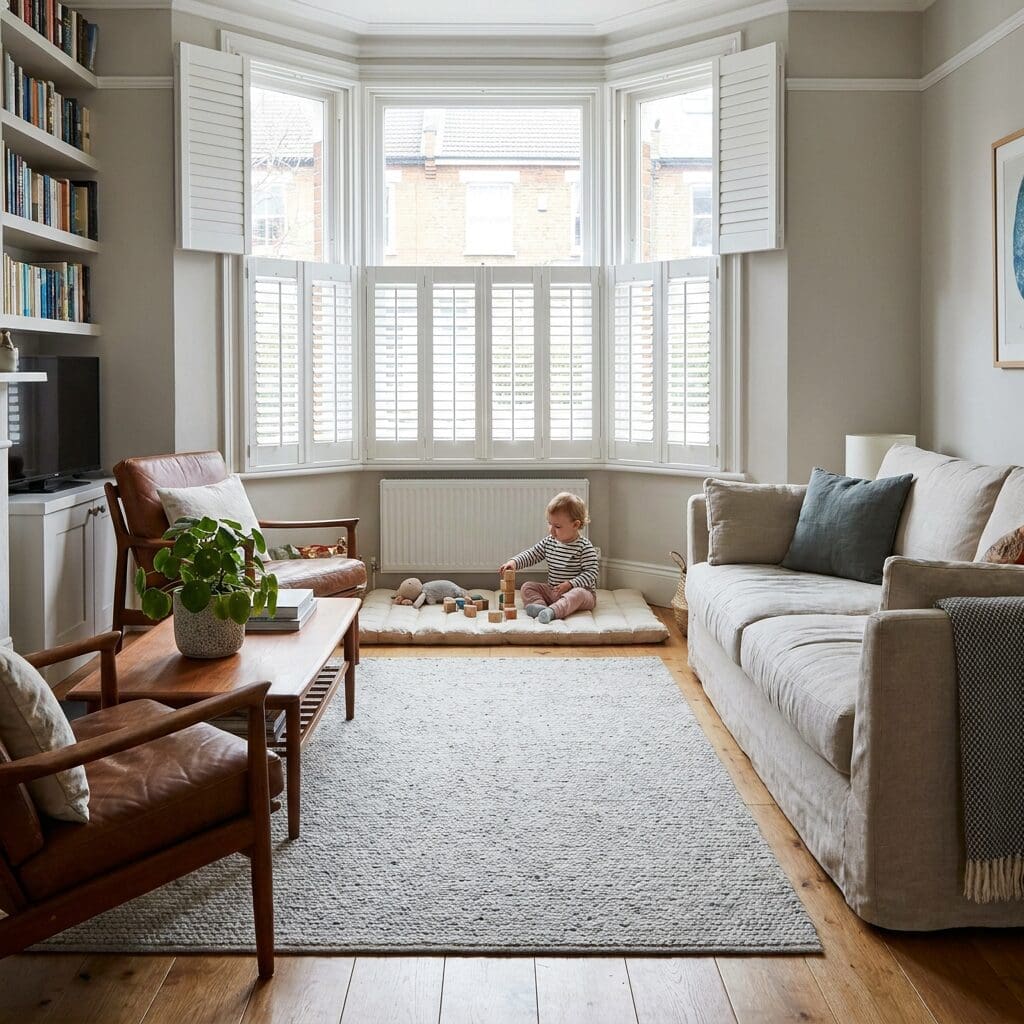 InStyle Blinds IN - a young child plays in a living room under a bay window with shutters. 