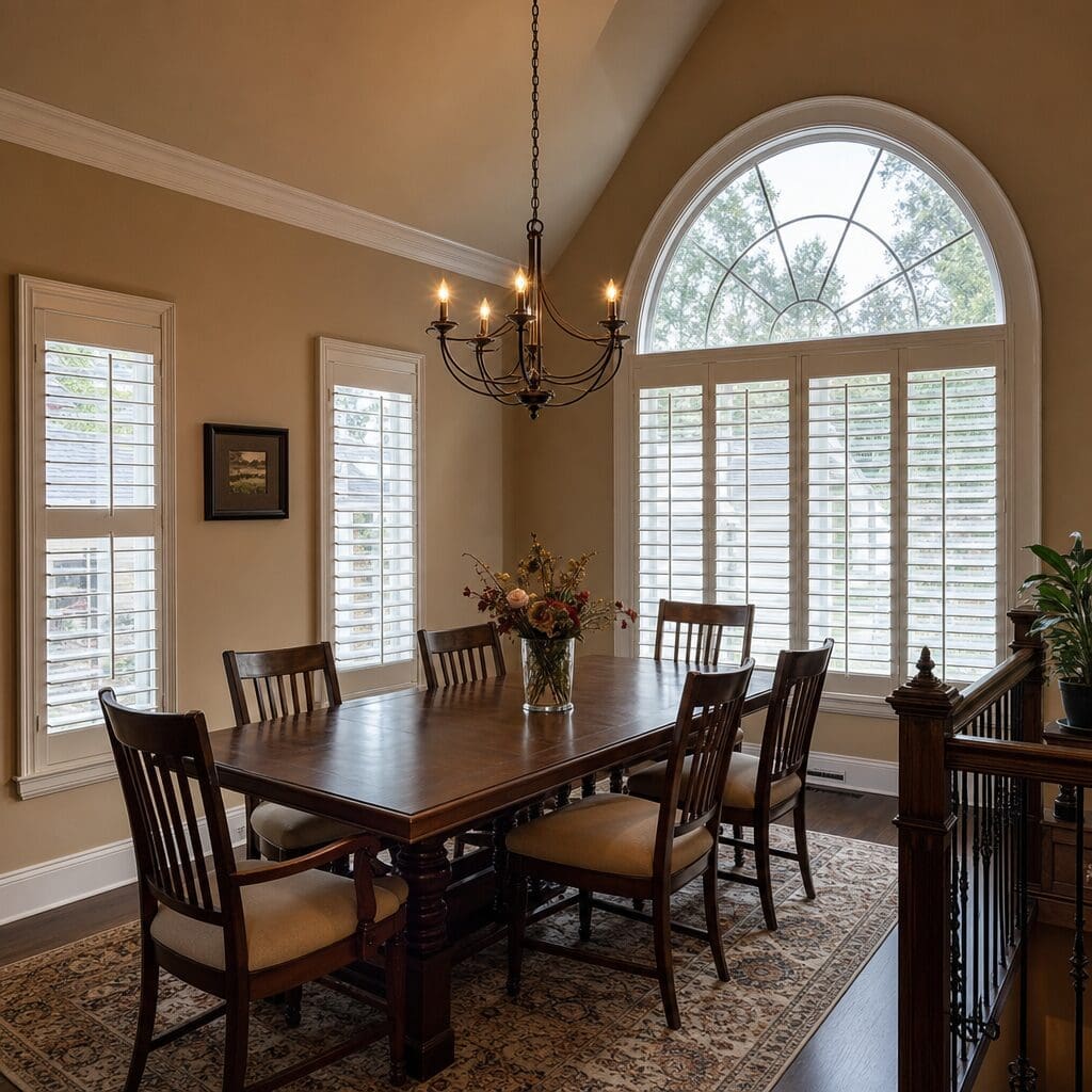 InStyle Blinds IN - An elegant dining room with an arched window has plantation shutters. 

