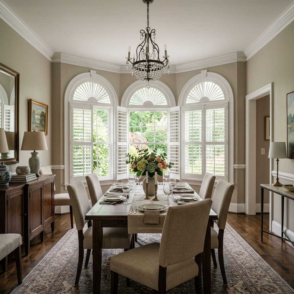 InStyle Blinds IN  - an elegant dining room has a bay window with unique windows with plantation shutters. 