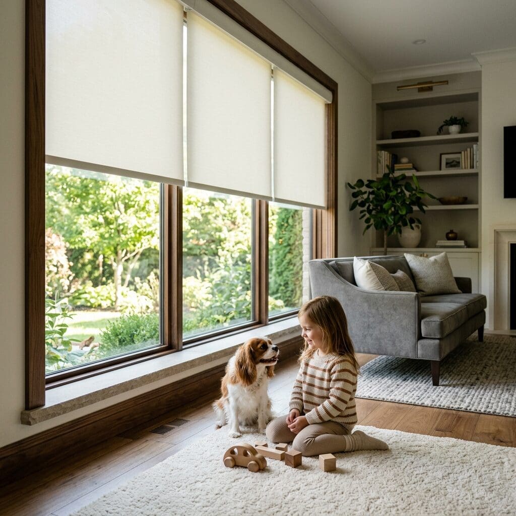 InStyle Blinds IN - a small child and dog sit safely near large windows with cordless window treatments. 
