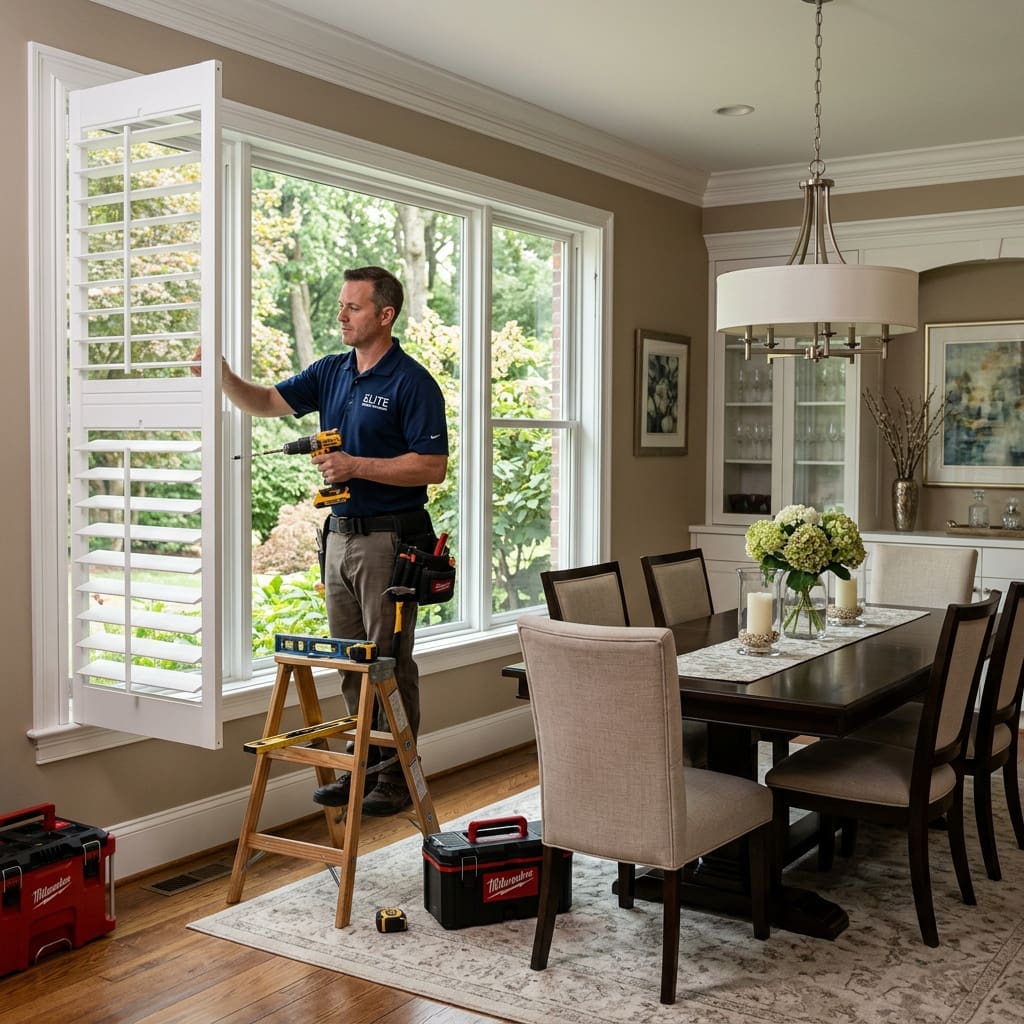 InStyle Blinds IN - a professional installer is putting in a shutter panel in a dining room. 