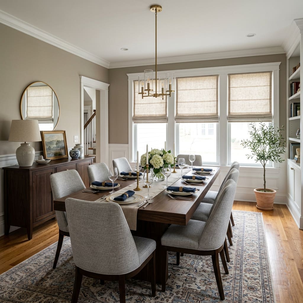 InStyle Blinds IN - a large dining room with a set table has roman shades on the windows. 