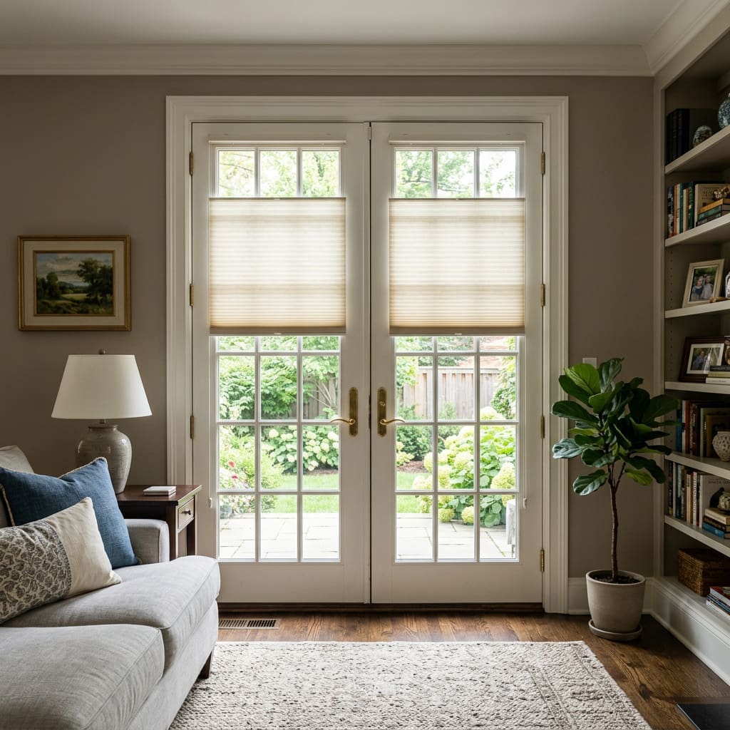 InStyle Blinds IN - a pair of french doors have top-down-bottom-up cellular shades. 