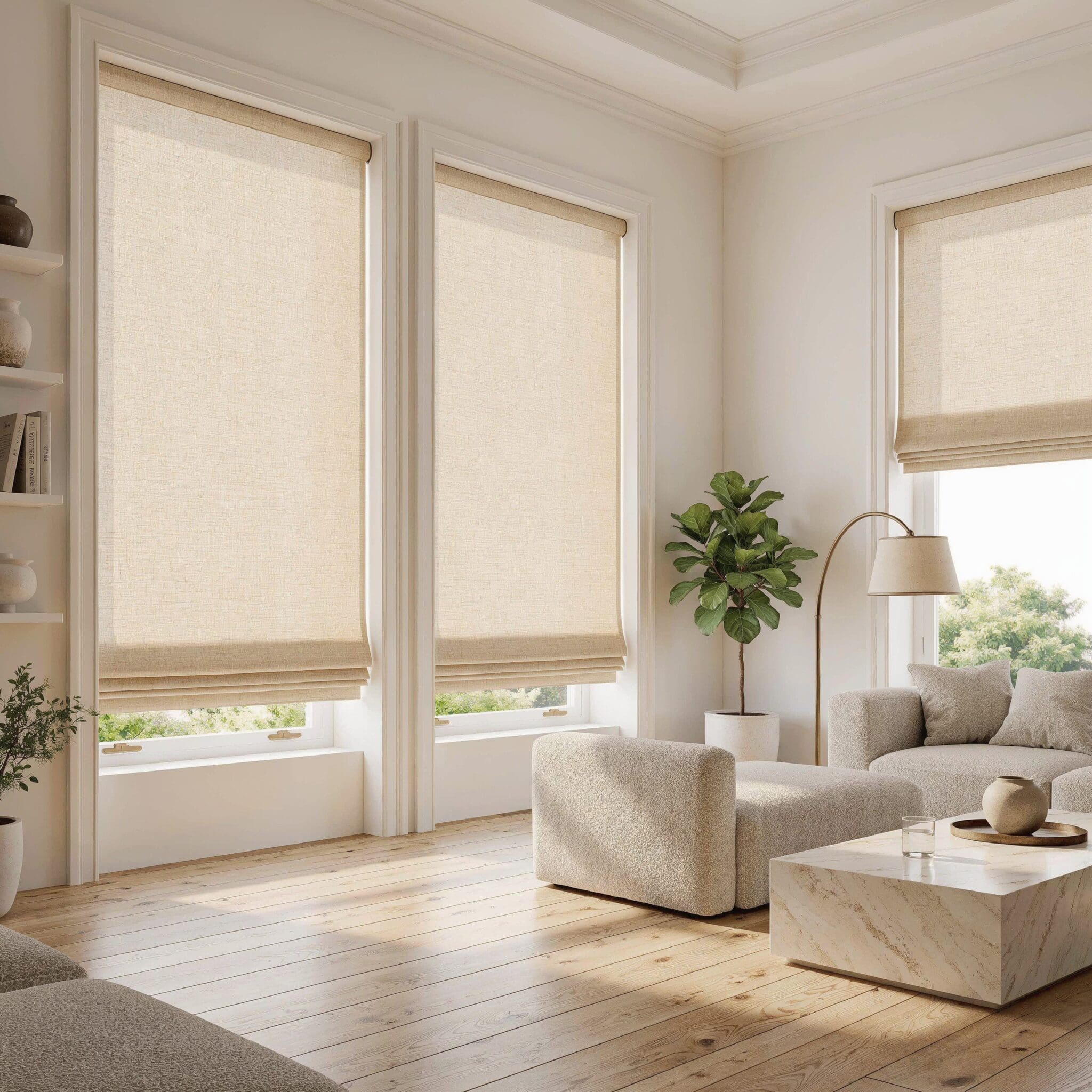 InStyle Blinds IN - An elgant liing room has beige roman shades on the winddows. 