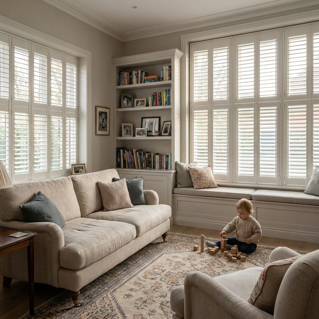 InStyle Blinds IN - a comfortable den with a window seat and pillows has plantation shutters on the windows. 