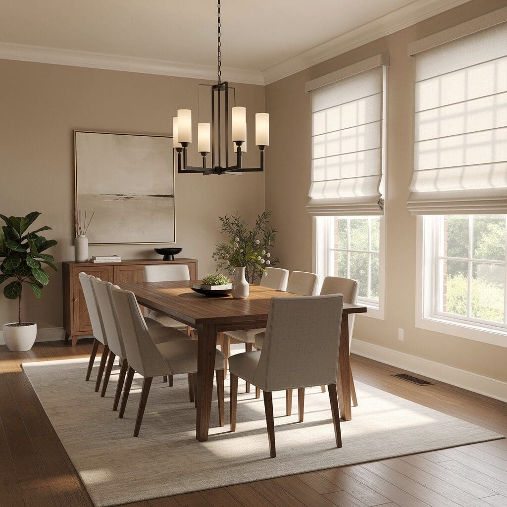 InStyle Blinds IN - an elegant dining room has roman shades on the window to filter light. 