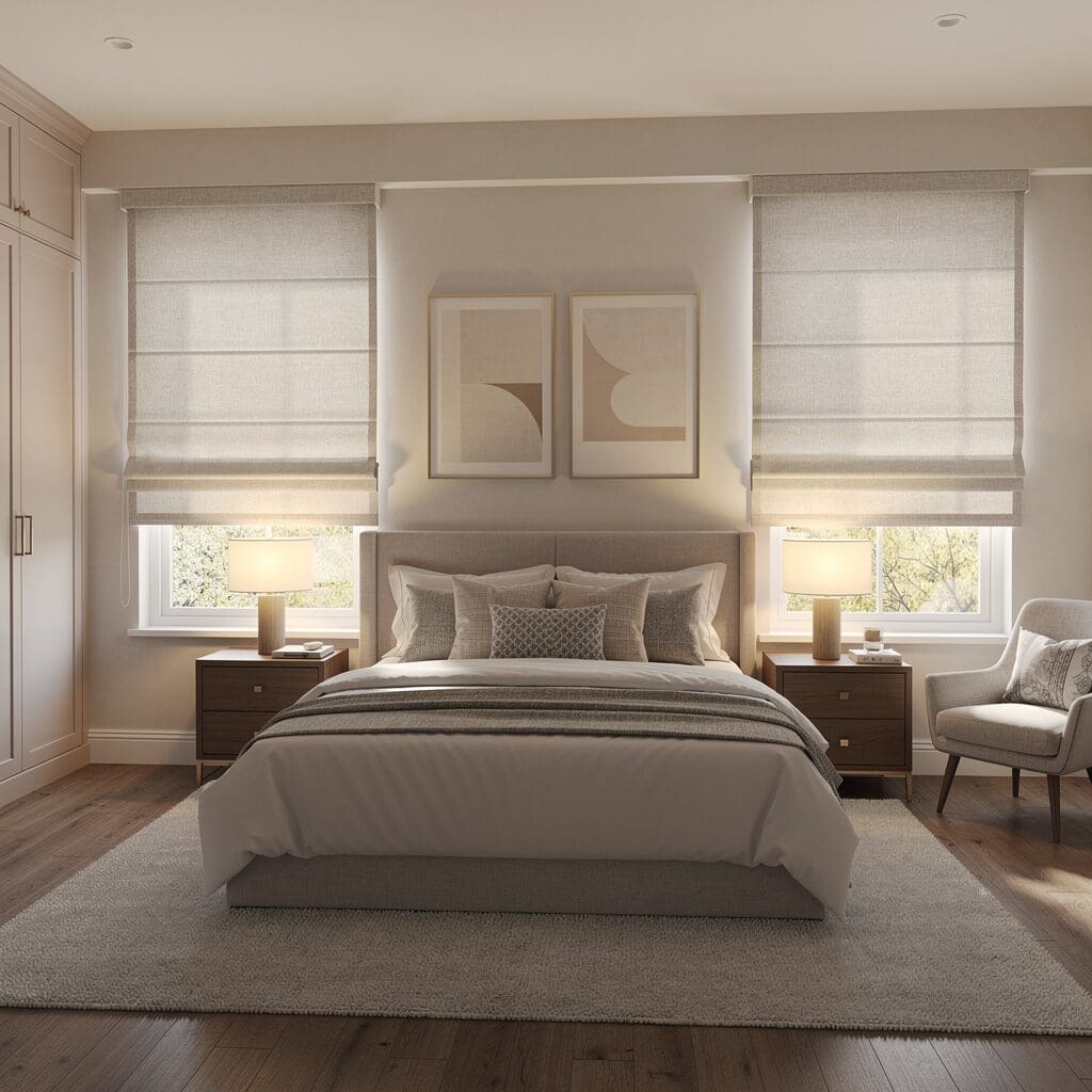 InStyle Blinds IN - a cozy, luxurious bedroom has windows with roman shades. 