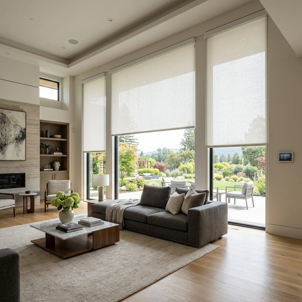 InStyle Blinds IN - an open living room with large windows has motorized blinds. 