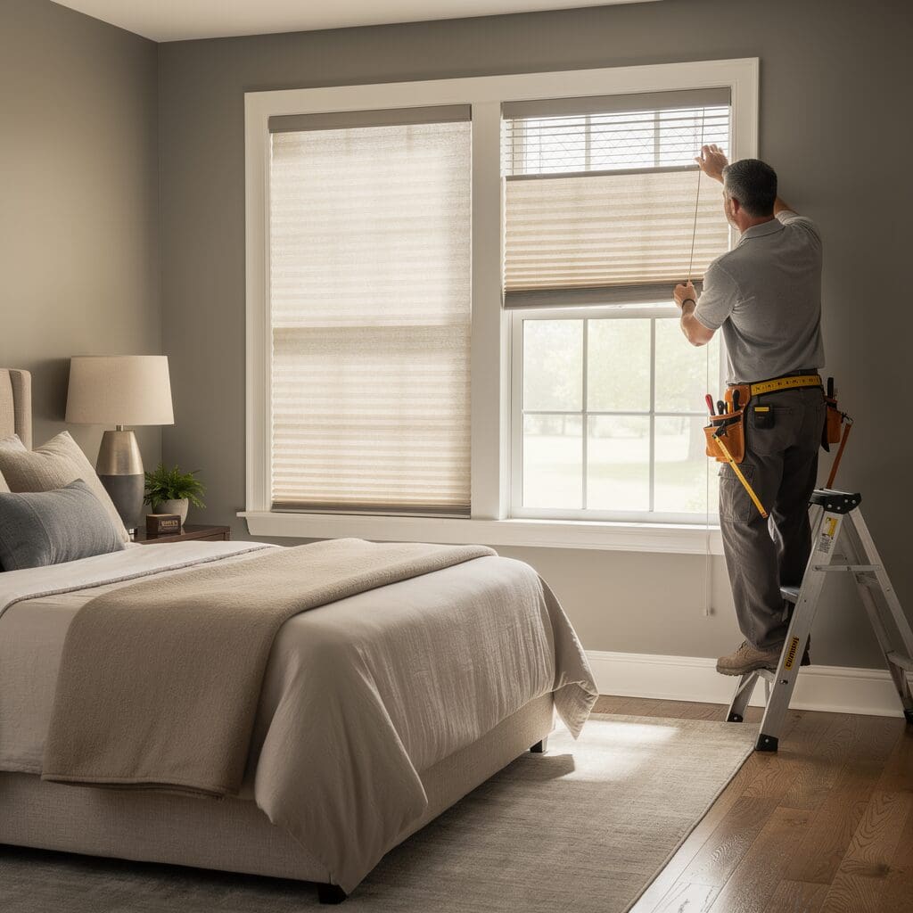 InStyle Blinds IN - a professional blinds installer is installing honeycomb shades. 