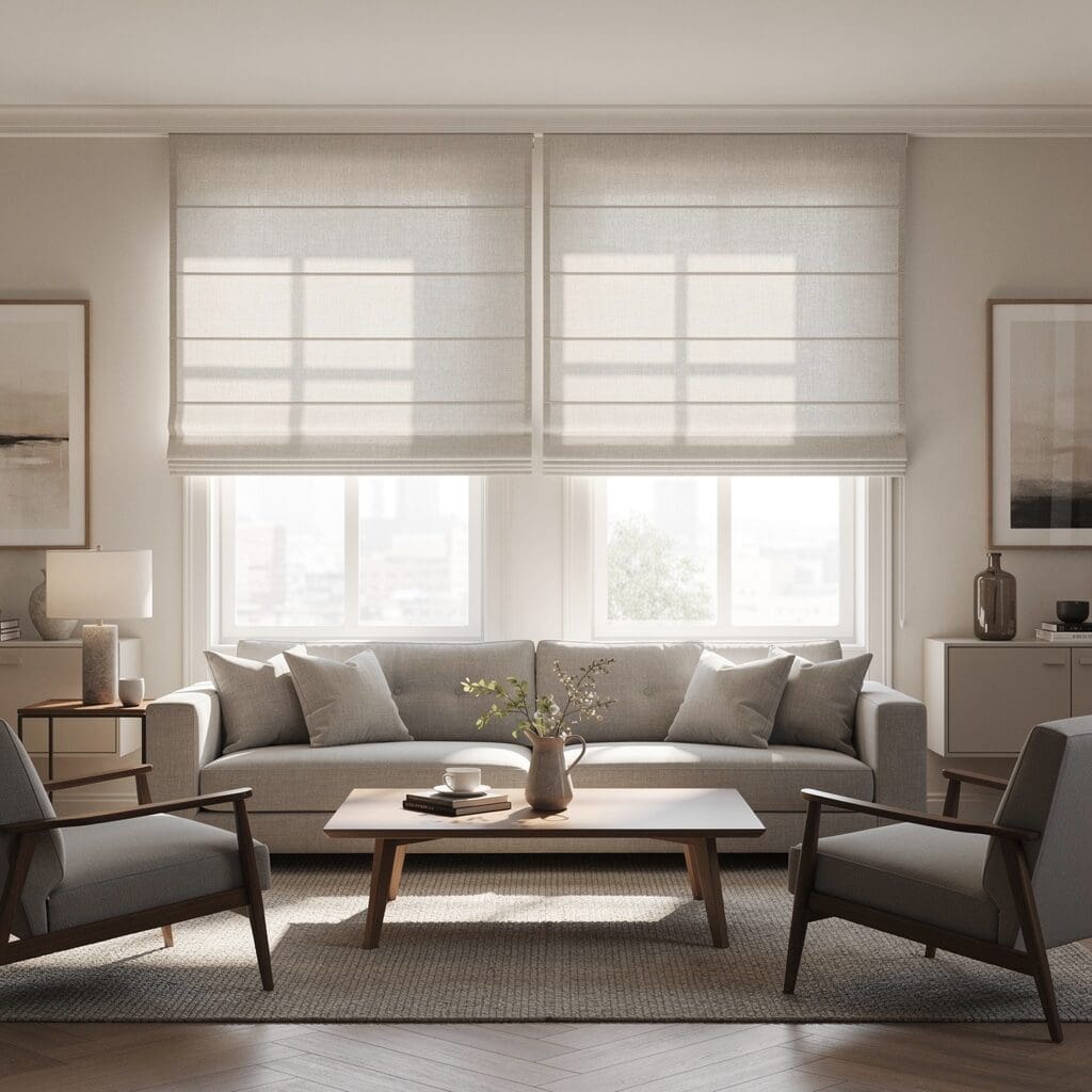 White roman shades are mounted on a cozy living room window. 