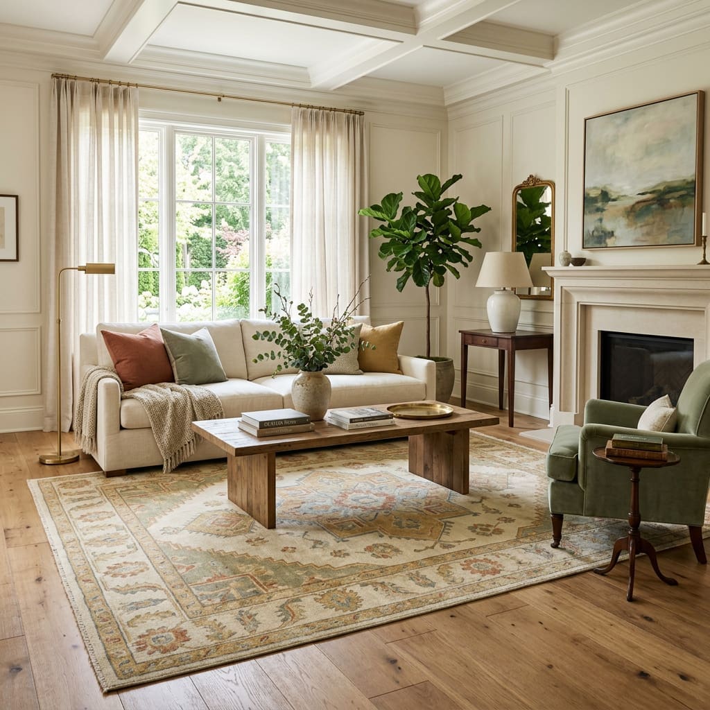 Drapery is on the window of an elegant living room. 